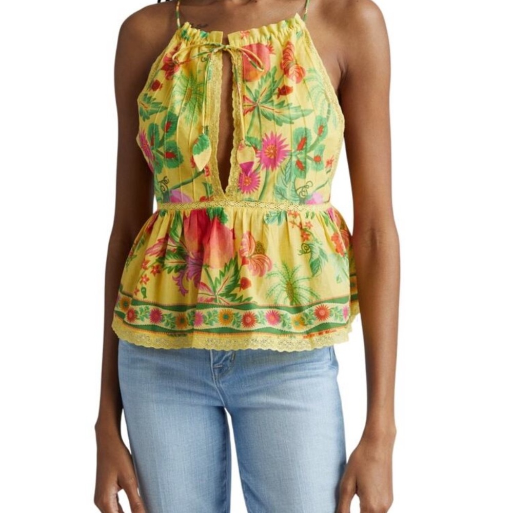 FARM Rio Yellow Floral Halter Peplum Top